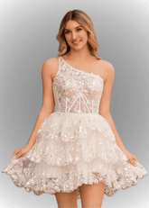 Agatha | A Line Balck One Shoulder Black Sequin Homecoming Dress with Ruffles - White - PromDressClub